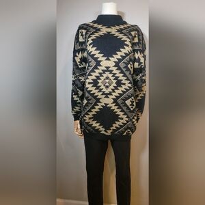 Vintage 1980's Gladys Bagley Black & Gold Aztec Geometric Print Sweater